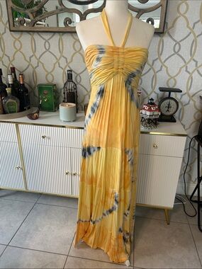 Hale Bob Yellow Tie-Dye Halter Maxi Dress